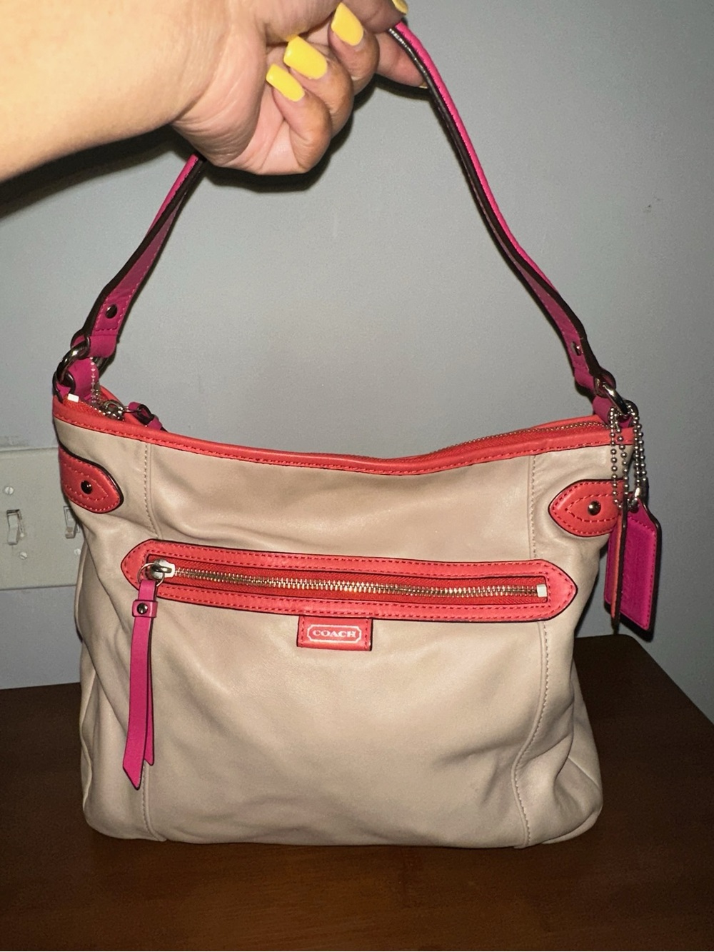 Coach Beige Shoulder/Crossbody Bag with Pink Trim